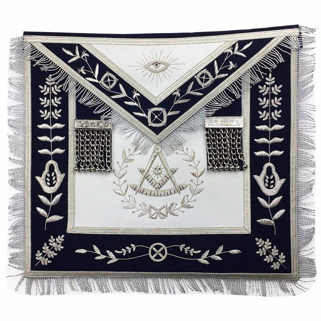 Masonic Regalia  Blue Lodge Past Master Silver Handmade embroidery Apron Navy - Zest4Canada 