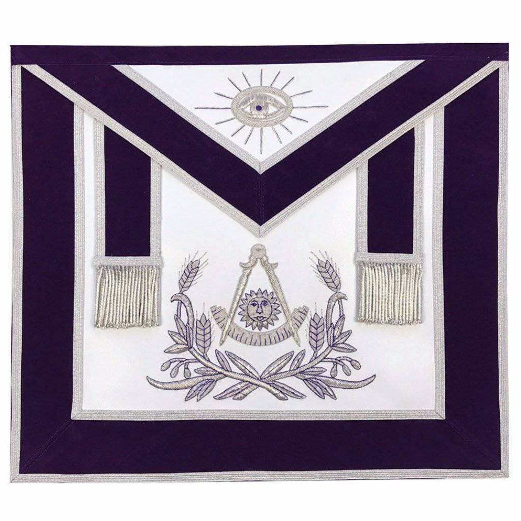 Masonic Regalia  Past Master Hand Embroidered Apron Silver Embroidery Purple Velvet - Zest4Canada 