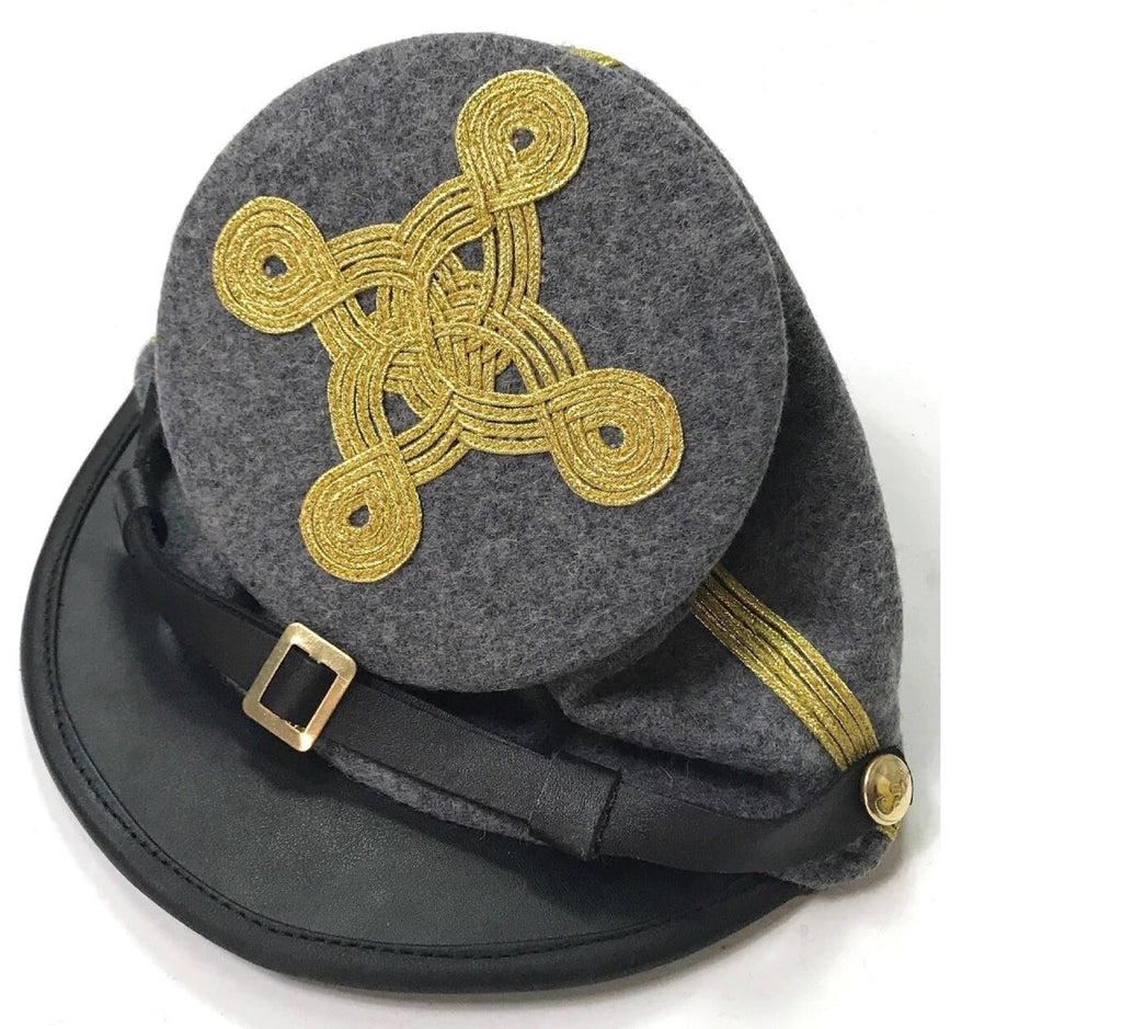 Civil War Confederate Bummer(Forage) Generals Full Leather Peak 4 rows Kepi Hat