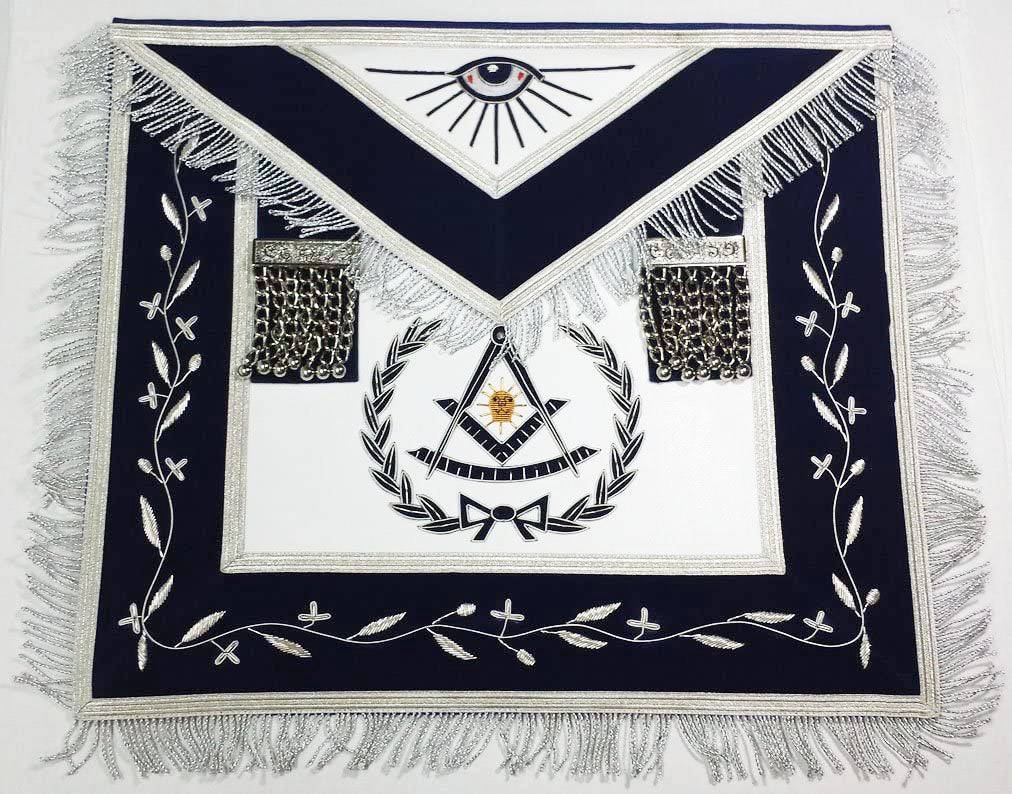 Masonic Hand Embroidered Past Master Navy Blue Apron with Silver Bullion & Fringe - Zest4Canada 