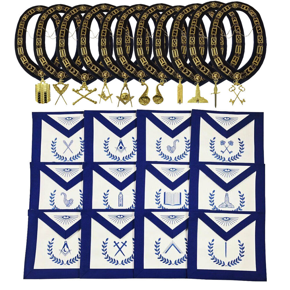 Masonic Regalia Blue Lodge Aprons Set 12 Blue Backing Chain Collar with jewel