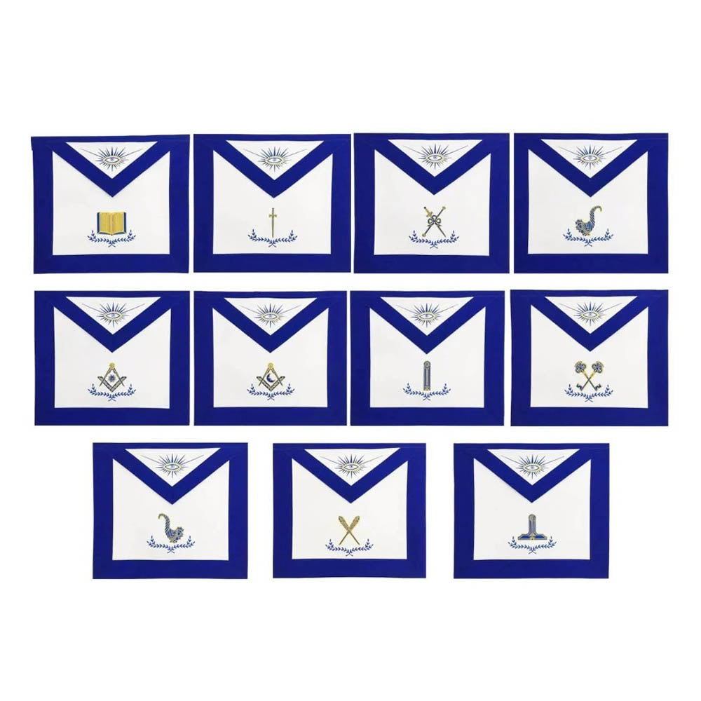 Blue Lodge Officers Aprons Set Lambskin (11 Pcs) – Machine Embroidered