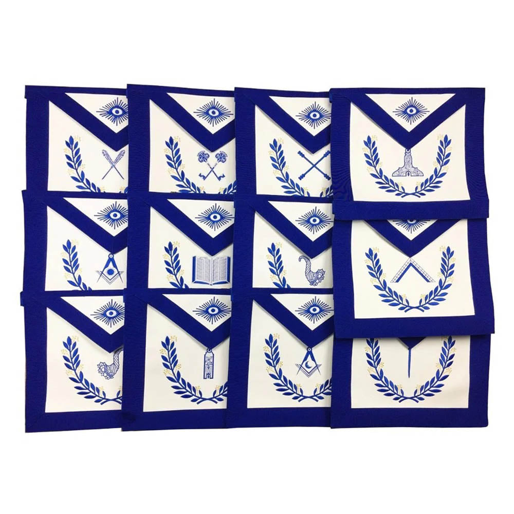 Blue Lodge Officers Leather Aprons Set (12 Pcs) – Machine Embroidered