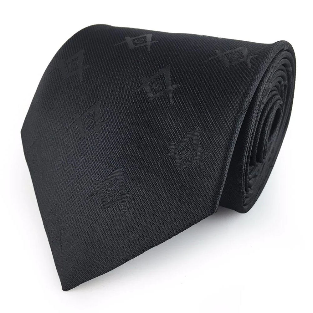 Masonic Black Neck Tie With Square and Compass G